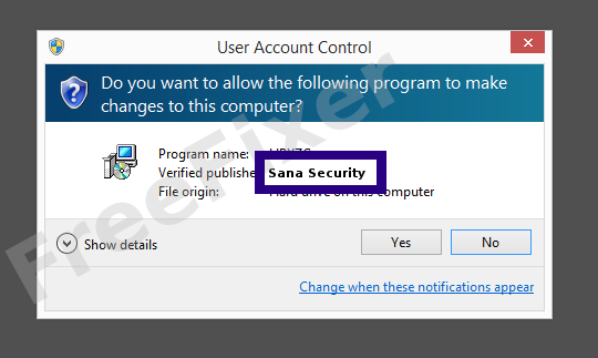 Screenshot where Sana Security appears as the verified publisher in the UAC dialog